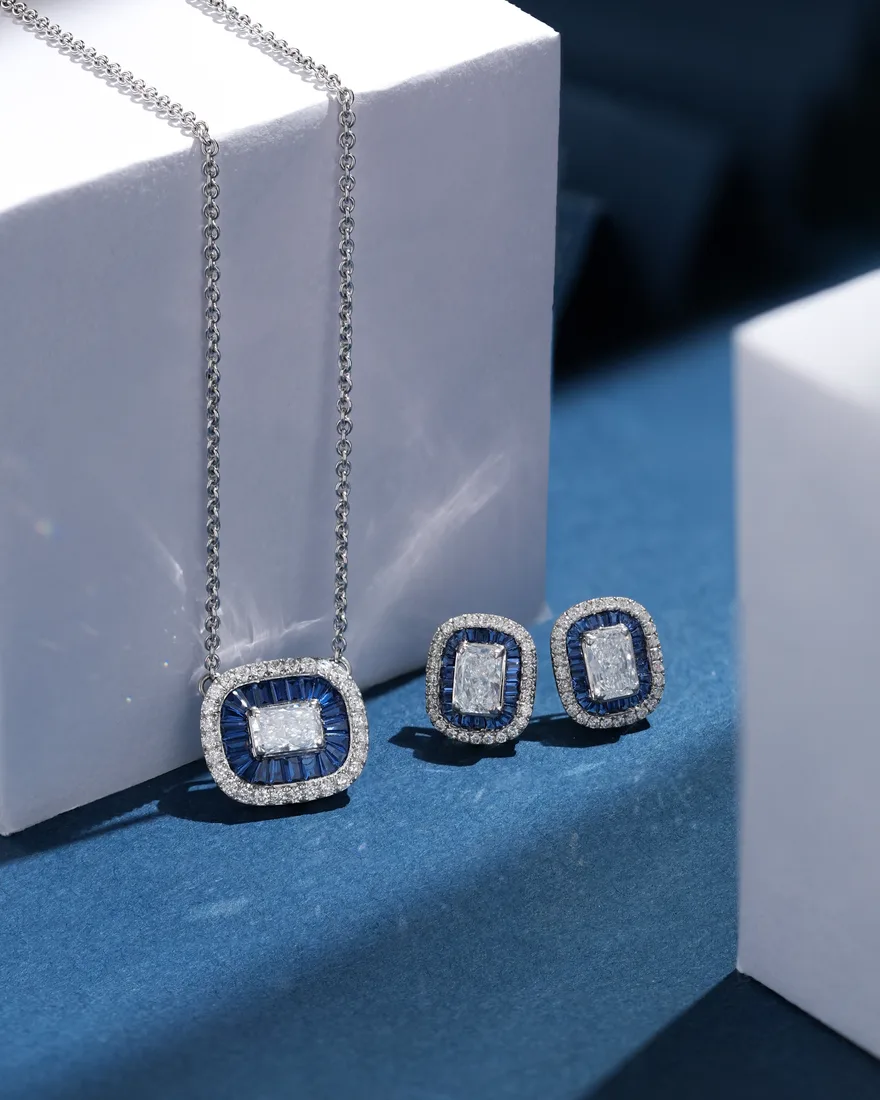 Hue Sapphire Halo Pendant & Studs