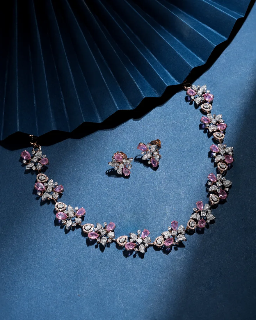 Hue Pink Sapphire Cluster Necklace & Earrings